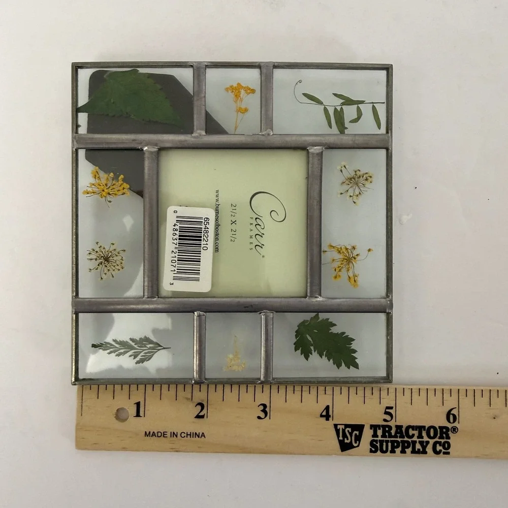 Vintage 1998 Carr Pressed Wildflower Glass Photo Frame 2.5x2.5 Original Box